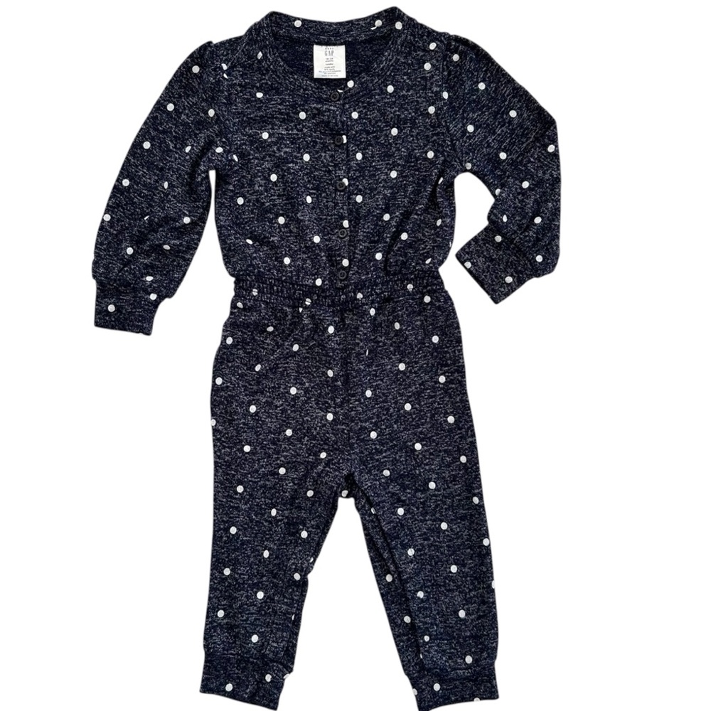 Baby Gap Blue White Polka Dots Round Neck Buttons Cinch Waist Romper 18-24 Month